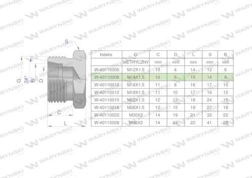 Korek hydrauliczny metryczny (na klucz) M14x1.5 08L Waryński ( sprzedawane po 10 )-25285