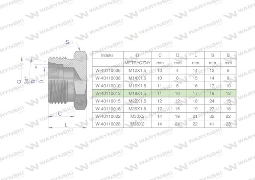 Korek hydrauliczny metryczny (na klucz) M18x1.5 12L Waryński ( sprzedawane po 10 )-25315