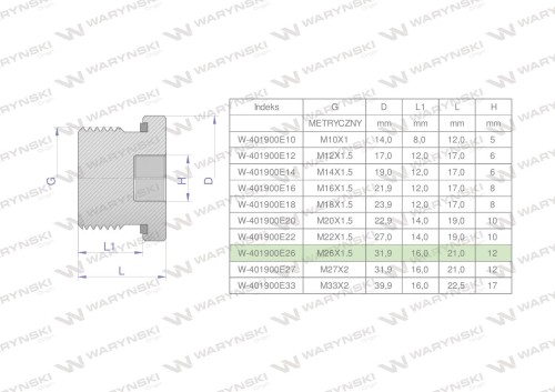 Korek hydrauliczny metryczny (na imbus) M26x1.5 ED Waryński ( sprzedawane po 5 )-25261