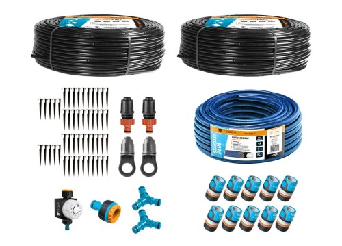 Zestaw nawadniania kropelkowego PROFESSIONAL 100 m z kompensacją (2 linie kroplujące. wąż 20m. szybkozłączki. zegar) / TEGER-36171