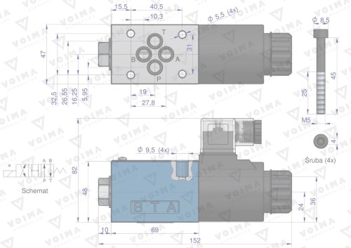 Rozdzielacz (elektrozawór CETOP 3 NG6) 2-pozycyjny 50L suwak "C"  (cewka x1) 230V VOIMA-41358