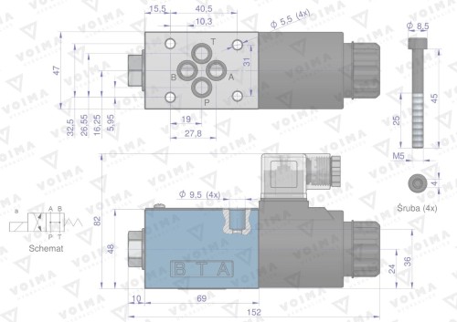 Rozdzielacz (elektrozawór CETOP 3 NG6) 2-pozycyjny 50L suwak "HA" (cewka x1) 12V VOIMA-41354