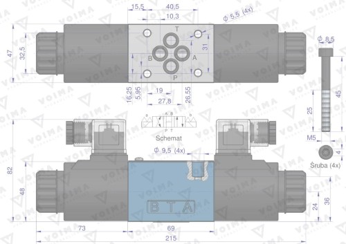 Rozdzielacz (elektrozawór CETOP 3 NG6) 3-pozycyjny 50L suwak "H" (cewki x2) 230V VOIMA-41361