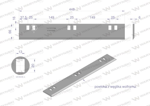 Nóż walca zrywacza napawany 448x66x6 otwory 6x20mm zastosowanie New Holland Laverda WARYŃSKI-40289