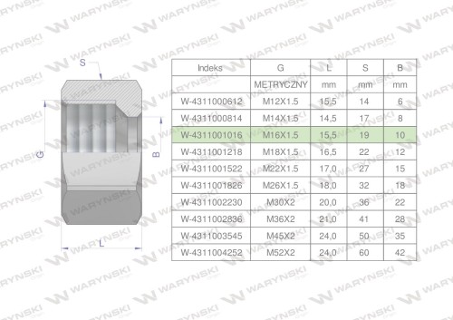 Nakrętka hydrauliczna metryczna (M10L) M16x1.5 10L Waryński ( sprzedawane po 20 )-25331