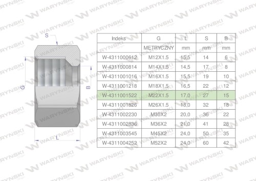 Nakrętka hydrauliczna metryczna (M15L) M22x1.5 15L Waryński ( sprzedawane po 20 )-25321