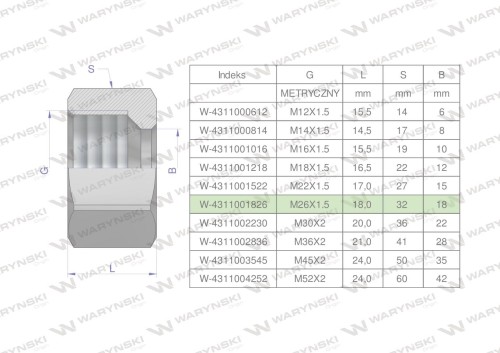 Nakrętka hydrauliczna metryczna (M18L) M26x1.5 18L Waryński ( sprzedawane po 10 )-25372