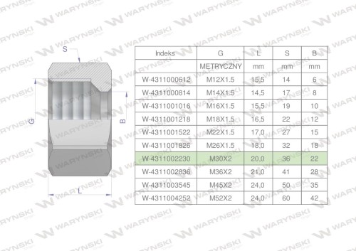 Nakrętka hydrauliczna metryczna (M22L) M30x2 22L Waryński ( sprzedawane po 5 )-25336