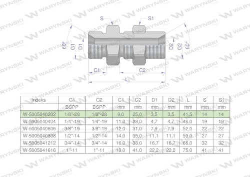 Złączka hydrauliczna calowa grodziowa BB 1/8" BSP z przeciwnakrętką (XSV) Waryński ( sprzedawane po 2 )-24848