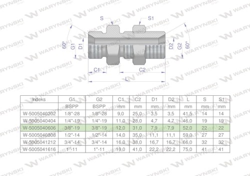 Złączka hydrauliczna calowa grodziowa BB 3/8" BSP z przeciwnakrętką (XSV) Waryński ( sprzedawane po 2 )-24860