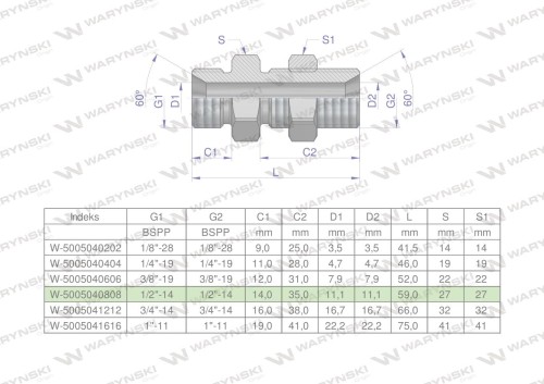 Złączka hydrauliczna calowa grodziowa BB 1/2" BSP z przeciwnakrętką (XSV) Waryński ( sprzedawane po 2 )-24866