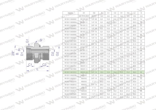 Przyłączka hydrauliczna BB (XGE) M26x1.5 18L x 3/4" BSP ED Waryński ( sprzedawane po 2 )-26371