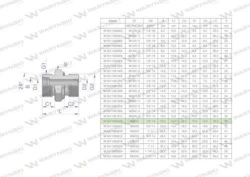 Przyłączka hydrauliczna BB (XGE) M30x2 22L x 1/2" BSP ED Waryński ( sprzedawane po 2 )-26376