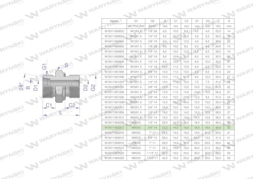 Przyłączka hydrauliczna BB (XGE) M30x2 22L x 3/4" BSP ED Waryński ( sprzedawane po 2 )-26382