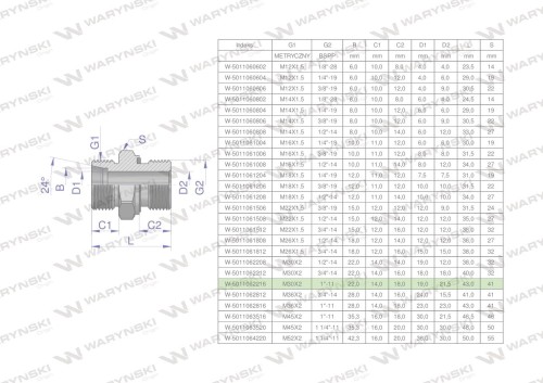 Przyłączka hydrauliczna BB (XGE) M30x2 22L x 1" BSP ED Waryński ( sprzedawane po 2 )-26388