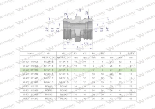 Złączka hydrauliczna metryczna BB M16x1.5 10L (XG) Waryński ( sprzedawane po 10 )-26074