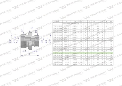 Złączka hydrauliczna redukcyjna metryczna BB M30x2 22L / M22x1.5 15L (XG) Waryński-26778