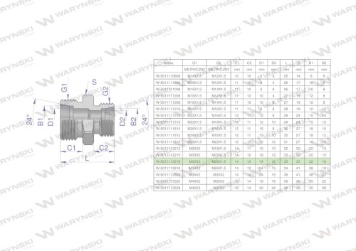 Złączka hydrauliczna redukcyjna metryczna BB M30x2 22L / M26x1.5 18L (XG) Waryński-26784