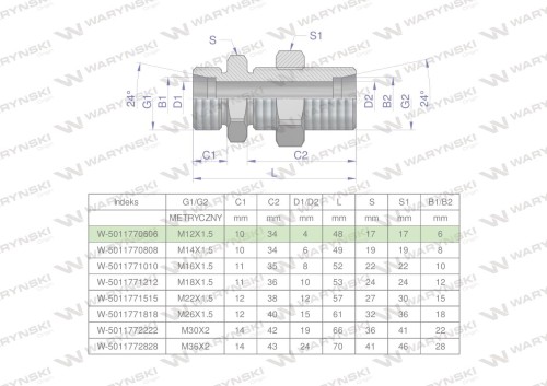 Złączka hydrauliczna metryczna grodziowa BB M12x1.5 06L z przeciwnakrętką (XSV) Waryński ( sprzedawane po 2 )-24883