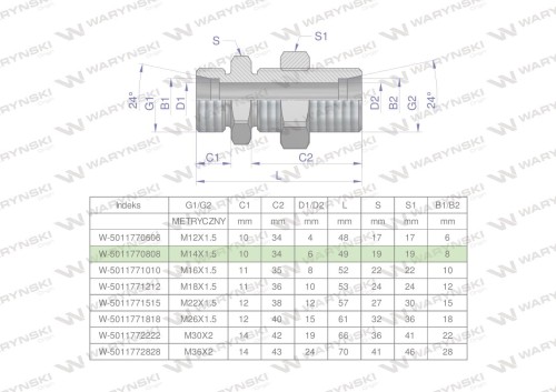 Złączka hydrauliczna metryczna grodziowa BB M14x1.5 08L z przeciwnakrętką (XSV) Waryński ( sprzedawane po 2 )-24889