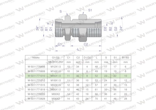 Złączka hydrauliczna metryczna grodziowa BB M16x1.5 10L z przeciwnakrętką (XSV) Waryński ( sprzedawane po 2 )-24895