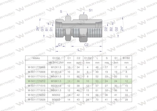 Złączka hydrauliczna metryczna grodziowa BB M18x1.5 12L z przeciwnakrętką (XSV) Waryński ( sprzedawane po 2 )-24901