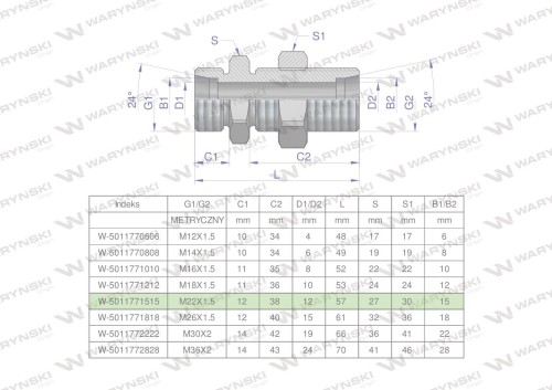 Złączka hydrauliczna metryczna grodziowa BB M22x1.5 15L z przeciwnakrętką (XSV) Waryński ( sprzedawane po 2 )-24907