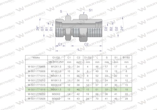 Złączka hydrauliczna metryczna grodziowa BB M26x1.5 18L z przeciwnakrętką (XSV) Waryńśki-24913