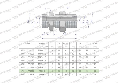 Złączka hydrauliczna metryczna grodziowa BB M30x2 22L z przeciwnakrętką (XSV) Waryński-24919