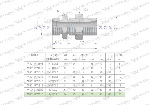 Złączka hydrauliczna metryczna grodziowa BB M36x2 28L z przeciwnakrętką (XSV) Waryński-24925