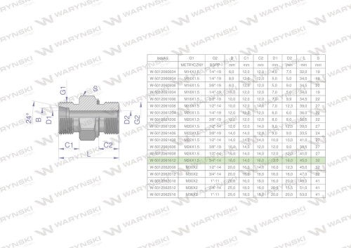 Przyłączka hydrauliczna (odmiana ciężka XGE) BB M24x1.5 16S x 3/4" BSP ED Waryński ( sprzedawane po 2 )-26499
