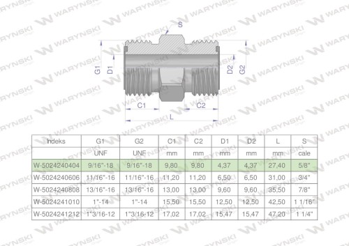 Złączka hydrauliczna calowa BB 9/16" ORFS (UNF) ORFS (UNF) Waryński ( sprzedawane po 2 )-26086