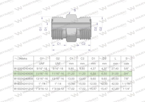 Złączka hydrauliczna calowa BB 11/16" ORFS (UNF) Waryński ( sprzedawane po 2 )-26092