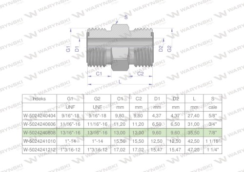 Złączka hydrauliczna calowa BB 13/16" ORFS (UNF) Waryński ( sprzedawane po 2 )-26098