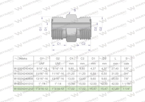 Złączka hydrauliczna calowa BB 1 3/16" ORFS (UNF) Waryński-26110