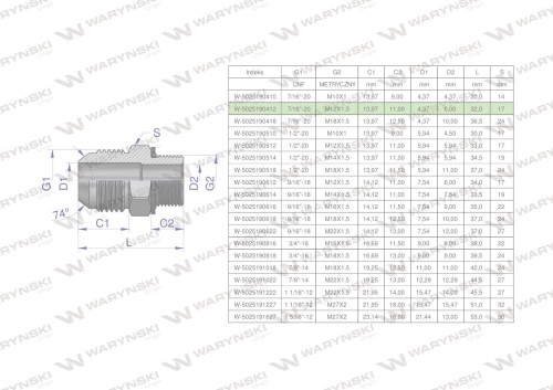 Przyłączka hydrauliczna BB 7/16"UNF (JIC) x M12x1.5 (XGE) Waryński ( sprzedawane po 2 )-26540