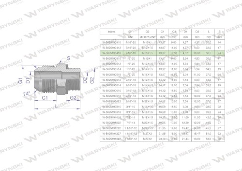 Przyłączka hydrauliczna BB 7/16"UNF (JIC) x M18x1.5 (XGE) Waryński ( sprzedawane po 2 )-26546