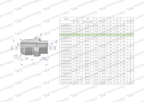 Przyłączka hydrauliczna BB 1/2"UNF (JIC) x M10x1 (XGE) Waryński ( sprzedawane po 2 )-26552