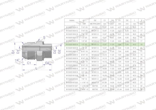 Przyłączka hydrauliczna BB 1/2"UNF (JIC) x M14x1.5 (XGE) Waryński ( sprzedawane po 2 )-26563