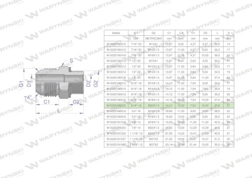 Przyłączka hydrauliczna BB 9/16"UNF (JIC) x M22x1.5 (XGE) Waryński ( sprzedawane po 2 )-26598