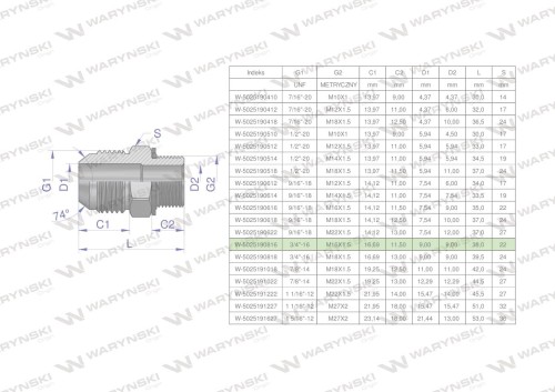 Przyłączka hydrauliczna BB 3/4"UNF (JIC) x M16x1.5 (XGE) Waryński ( sprzedawane po 2 )-26604