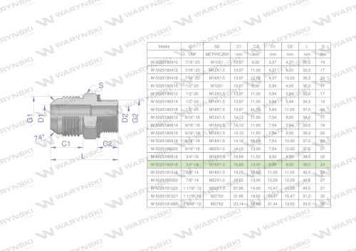 Przyłączka hydrauliczna BB 3/4"UNF (JIC) x M18x1.5 (XGE) Waryński ( sprzedawane po 2 )-26610