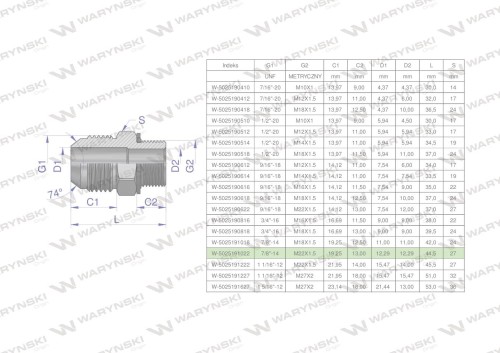 Przyłączka hydrauliczna BB 7/8"UNF (JIC) x M22x1.5 (XGE) Waryński ( sprzedawane po 2 )-26621