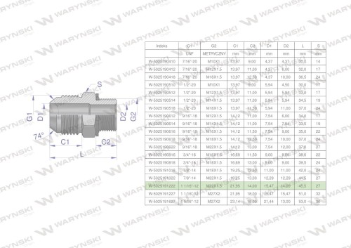 Przyłączka hydrauliczna BB 1 1/16"UNF (JIC) x M22x1.5 (XGE) Waryński ( sprzedawane po 2 )-26627