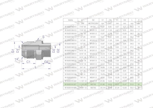 Przyłączka hydrauliczna BB 1 1/16"UNF (JIC) x M27x2 (XGE) Waryński ( sprzedawane po 2 )-26632