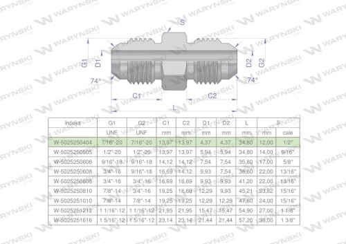 Złączka hydrauliczna calowa BB 7/16" UNF (JIC) Waryński ( sprzedawane po 2 )-26116