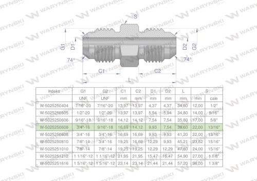 Złączka hydrauliczna redukcyjna calowa BB 9/16" x 3/4" UNF (JIC) Waryński ( sprzedawane po 2 )-26808