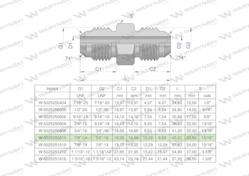 Złączka hydrauliczna redukcyjna calowa BB 7/8" x 3/4" UNF (JIC) Waryński ( sprzedawane po 2 )-26814