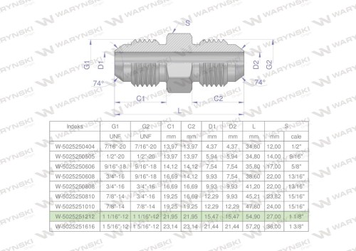 Złączka hydrauliczna calowa BB 1 1/16" UNF (JIC) Waryński-26146