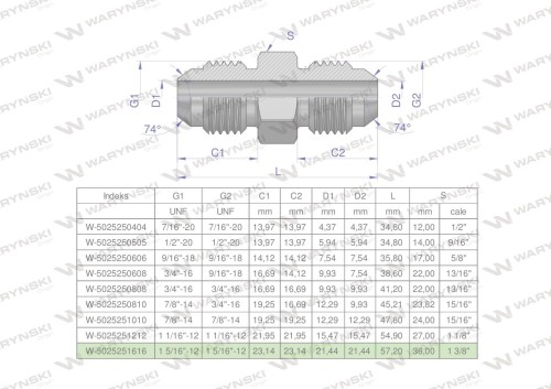 Złączka hydrauliczna calowa BB 1 5/16" UNF (JIC) Waryński-26152